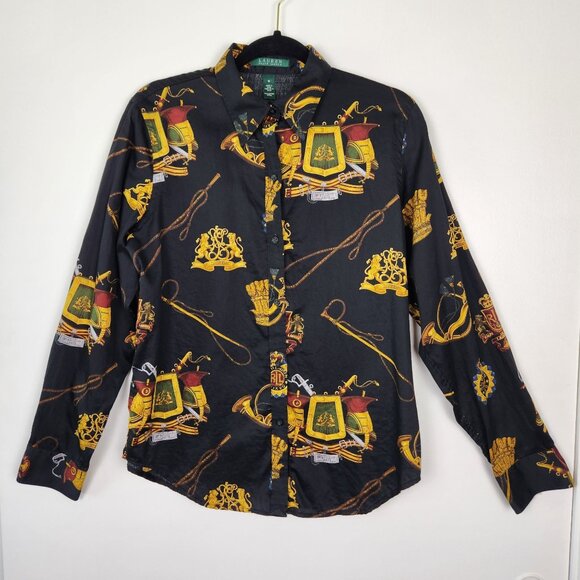 Lauren Ralph Lauren Equestrian Lion Crest Logo Button Up Shirt Medium Preppy - Picture 1 of 7